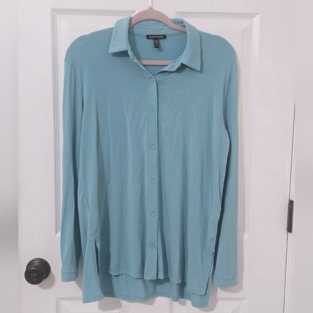 Eileen Fisher Stretch Jersey Classic Collar Long Sleeve Shirt Glacier XXS